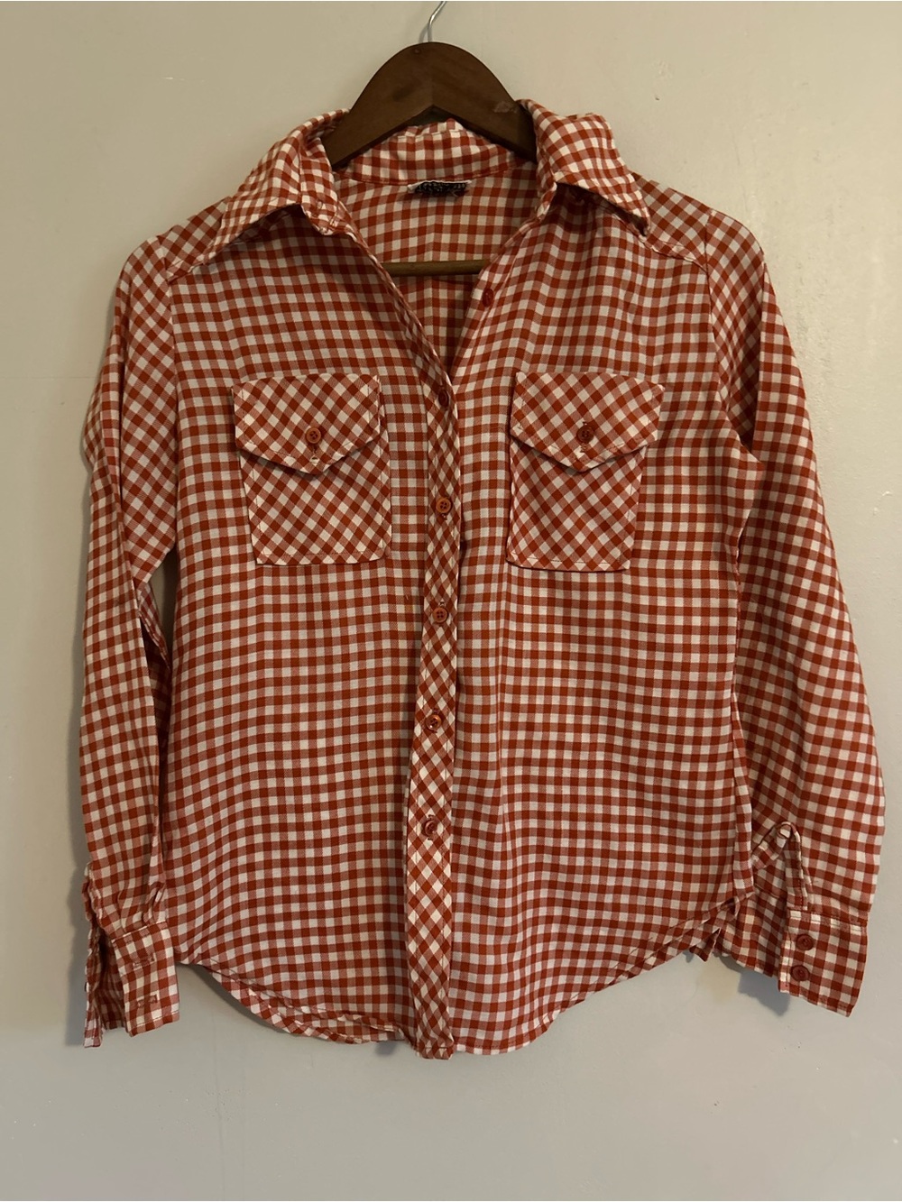 Vintage Rust Orange Red and White Gingham Button-Up Shirt Cowboy M